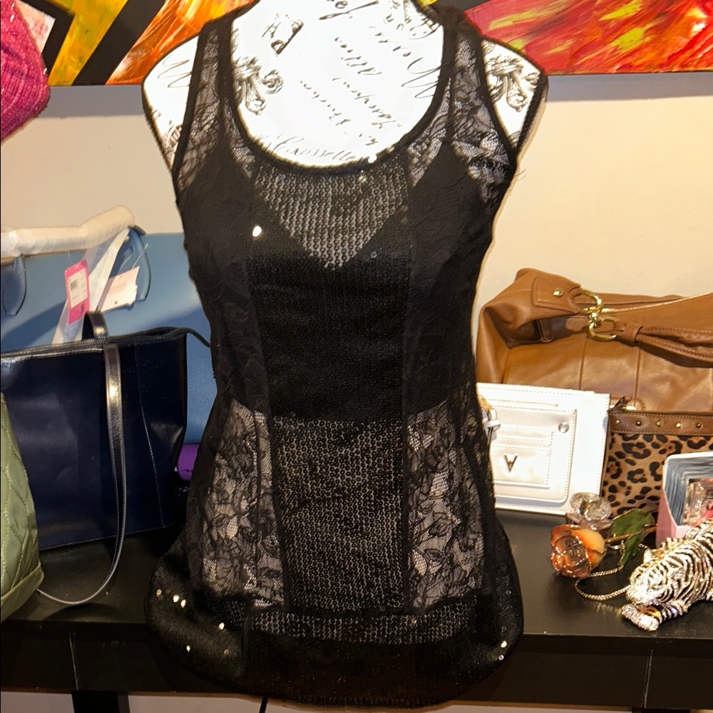 Boutique style Black sequin and Lace Women's Top super sexy sheer size medium